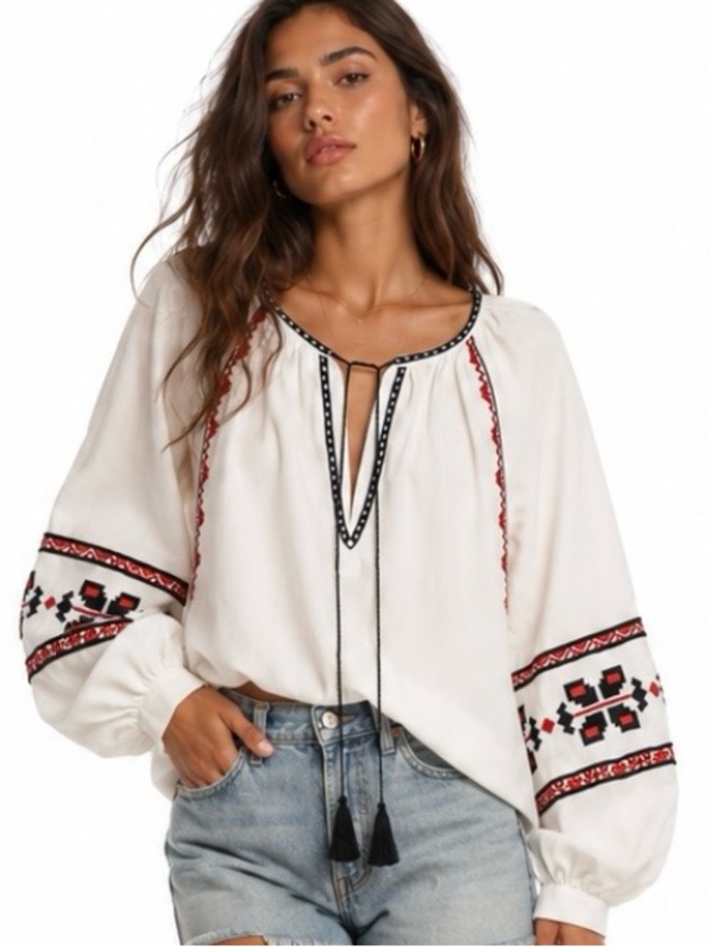 H&M WHITE NAVY RED V-NECK EMBROIDERED PESANT STATEMENT SLEEVE BLOUSE 12 NWT